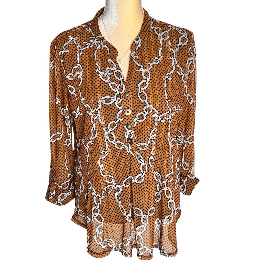 New Direction Top Sz L Mocha And White Chainlink Print  Mesh With Lining Pleats
